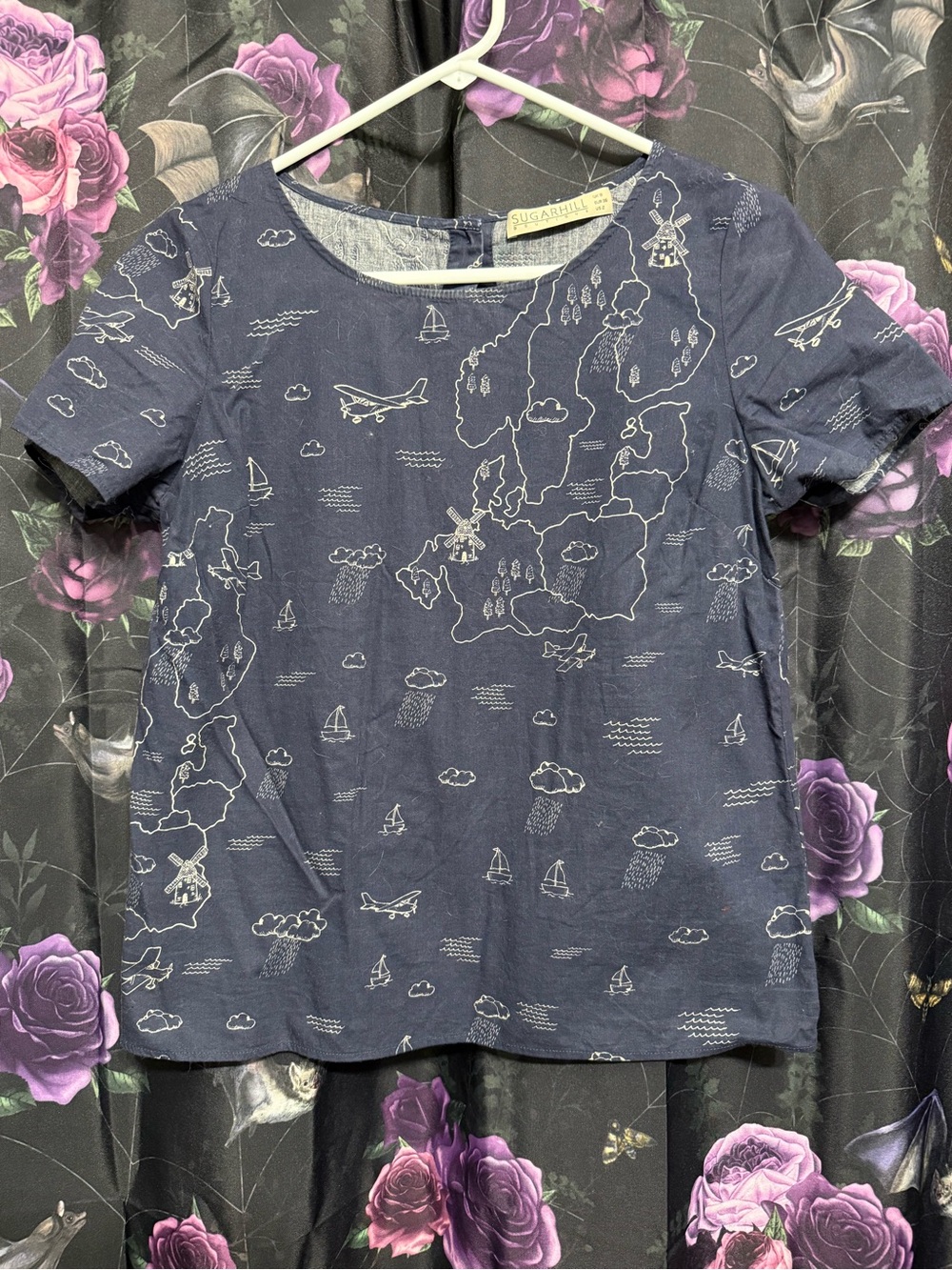 Sugarhill Navy Map-Print Short Sleeve Blouse